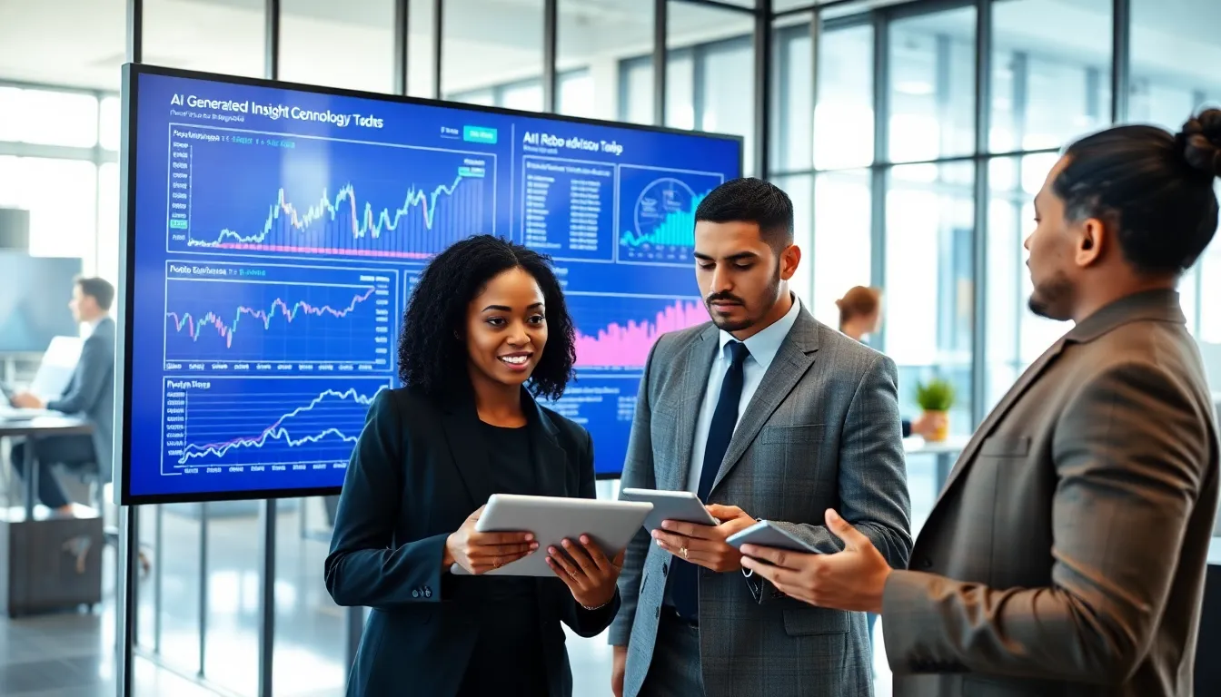 diverse team discussing wealth management technology in a modern office.