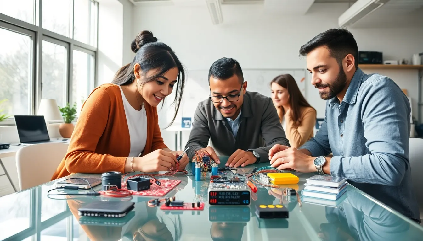 diverse group building gadgets in a modern workspace.