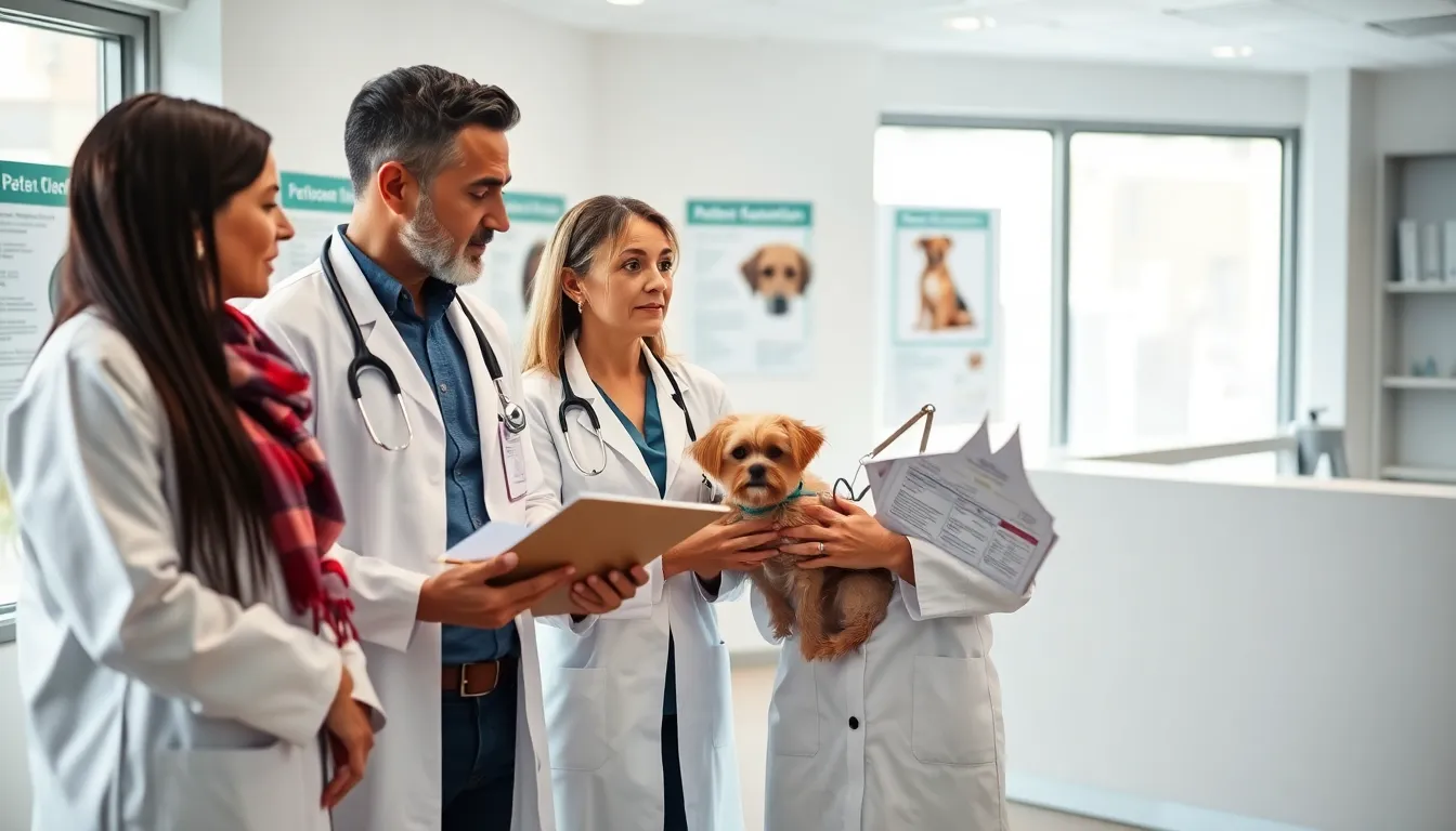 Veterinarians discussing rabies vaccination certificates with a pet owner.