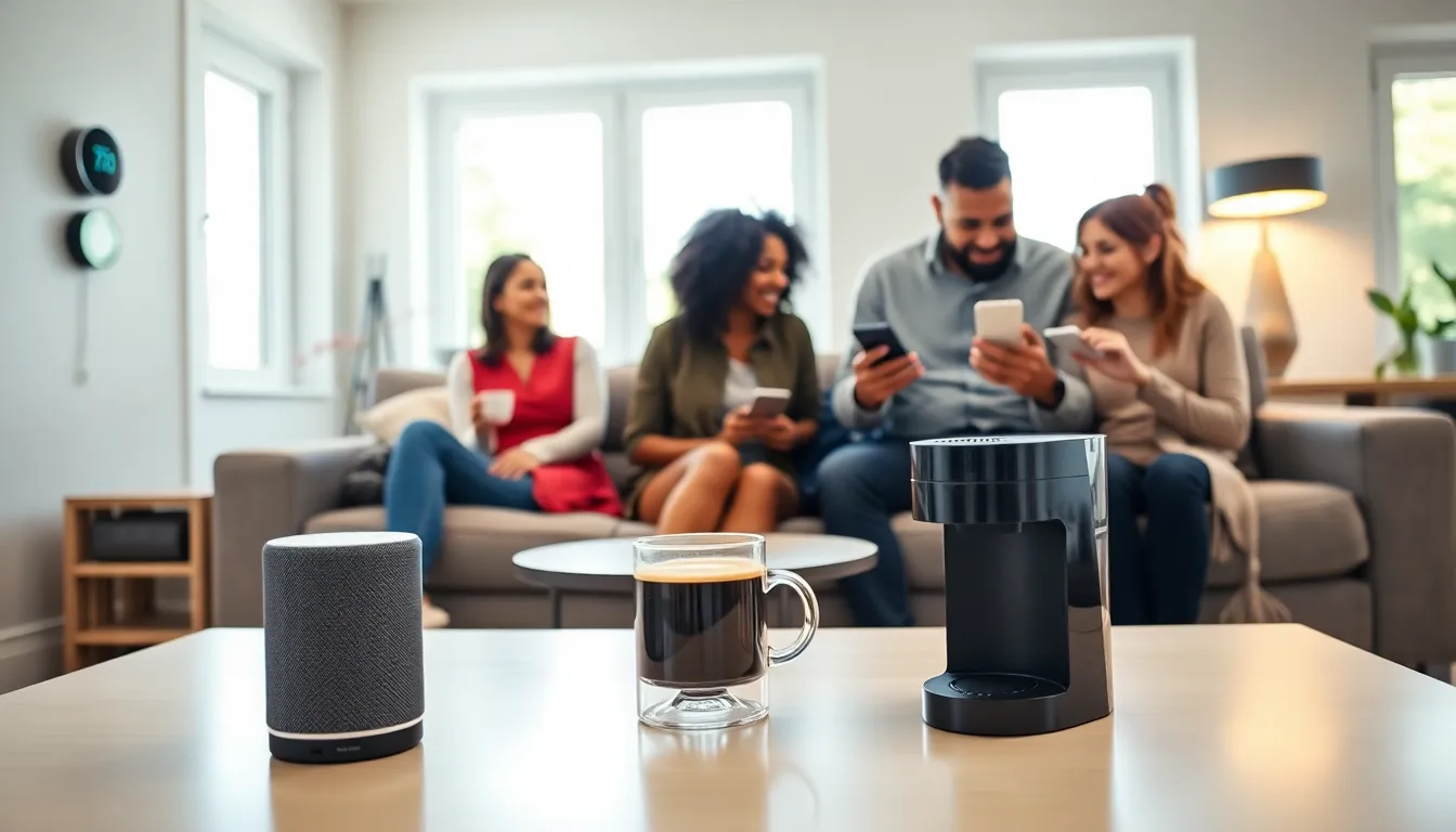 modern living room with various smart home gadgets in use.