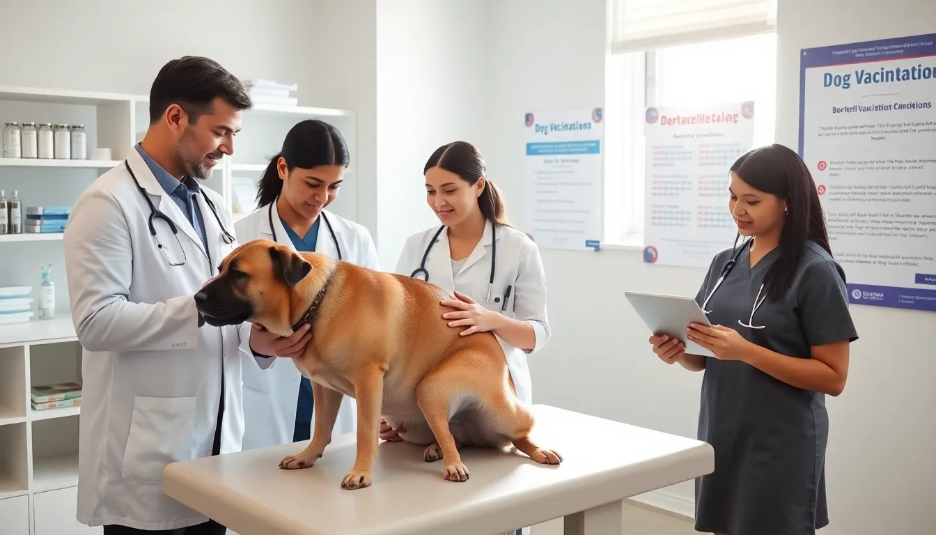 veterinarians examining a dog in a modern clinic.