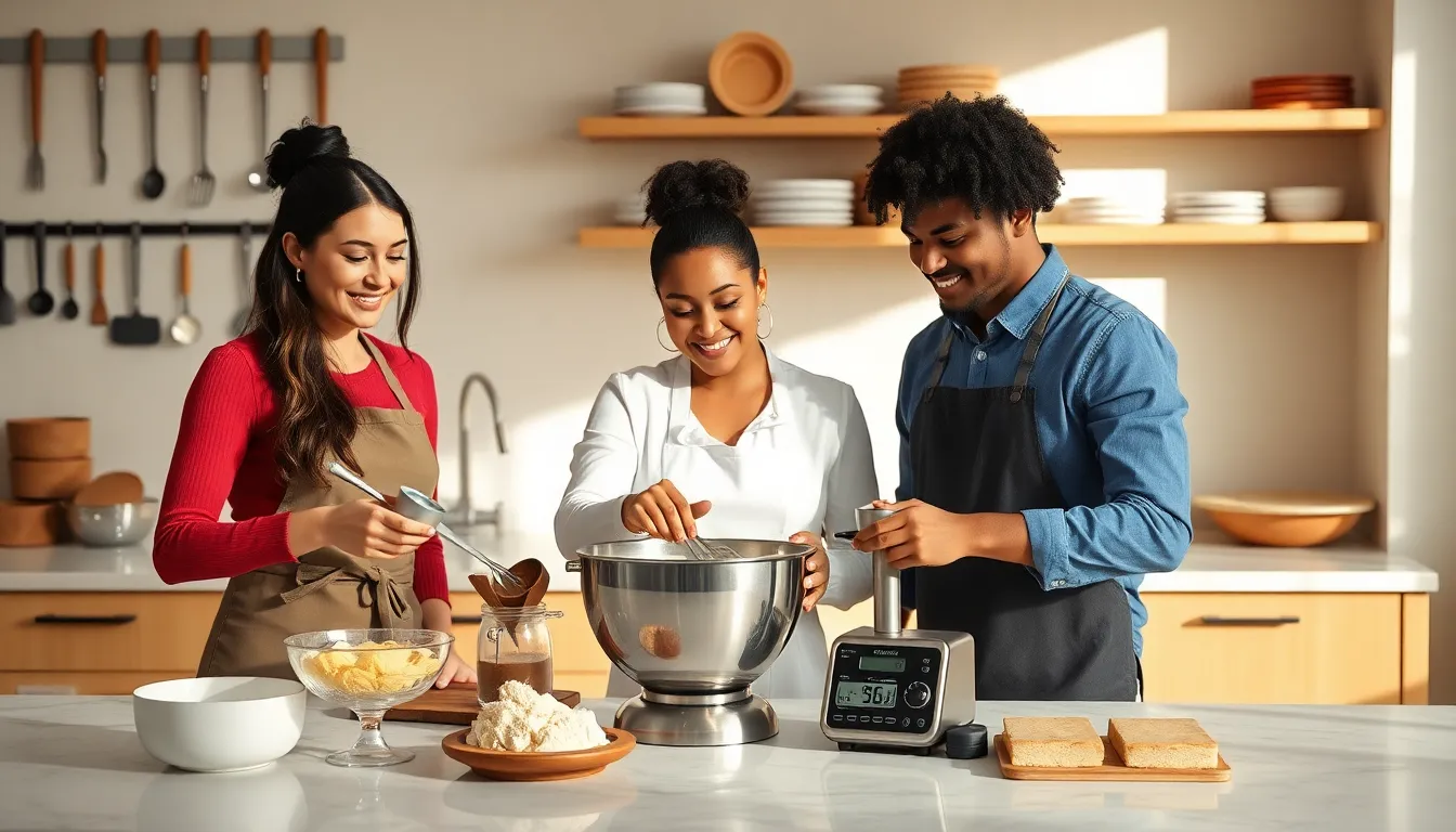 diverse bakers using quality baking gadgets in a modern kitchen.