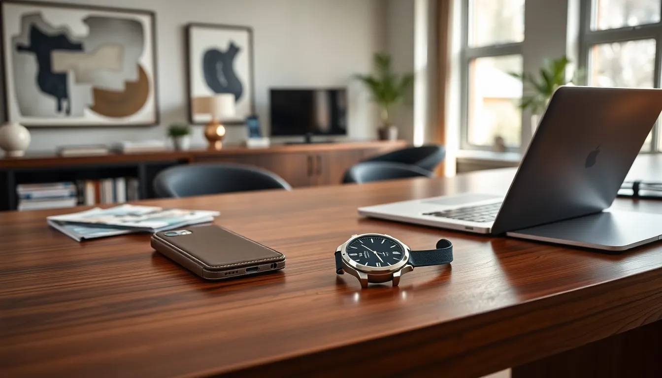 luxury tech gadgets displayed in an elegant modern office.