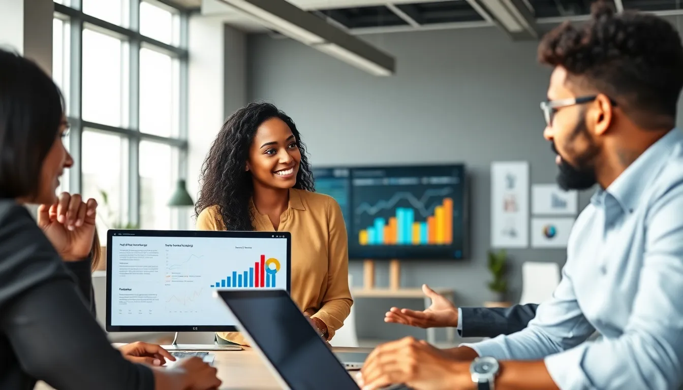 diverse team discussing technology in a modern office setting.