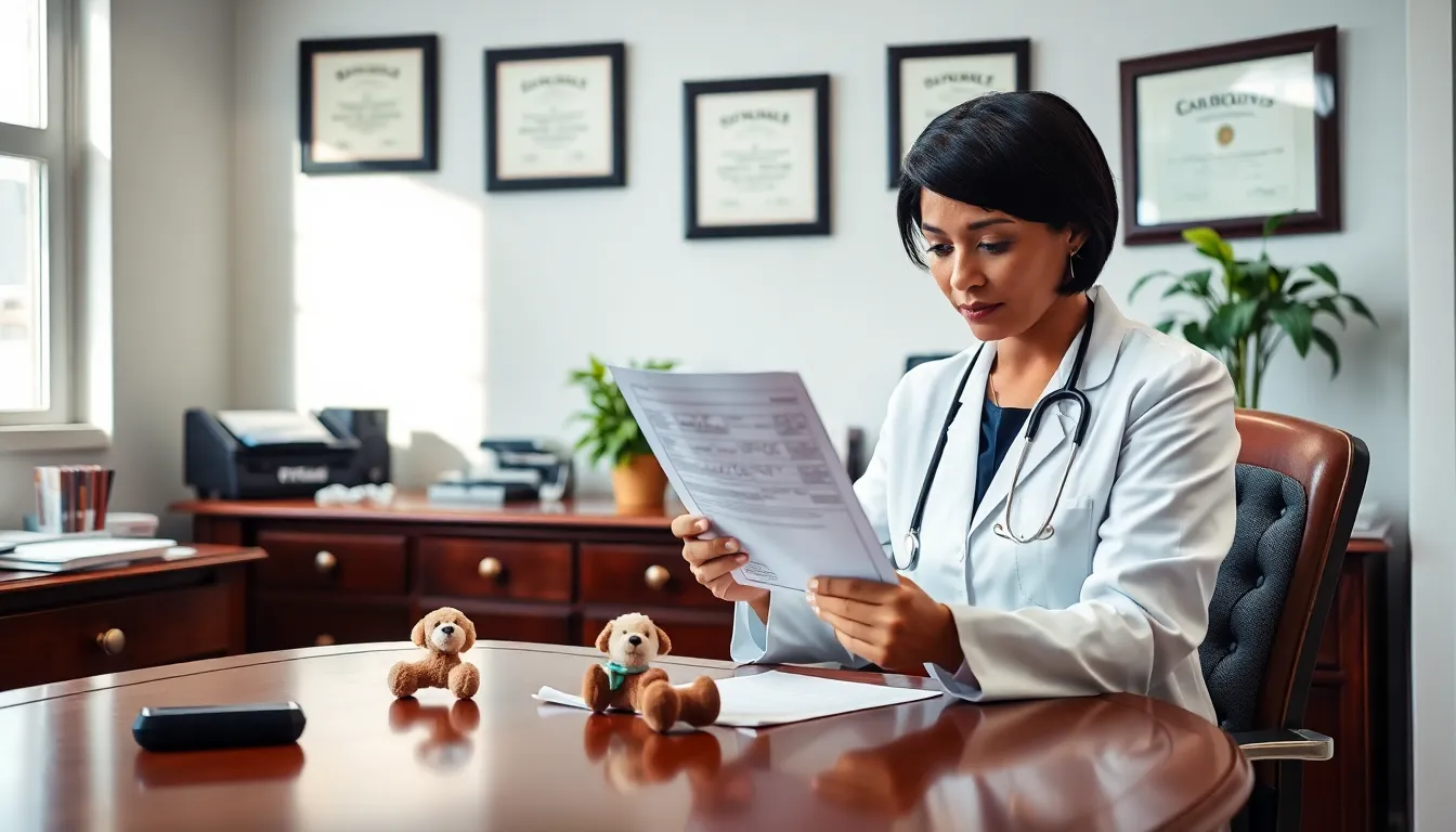 veterinarian reviewing a dog vaccination form in an office.